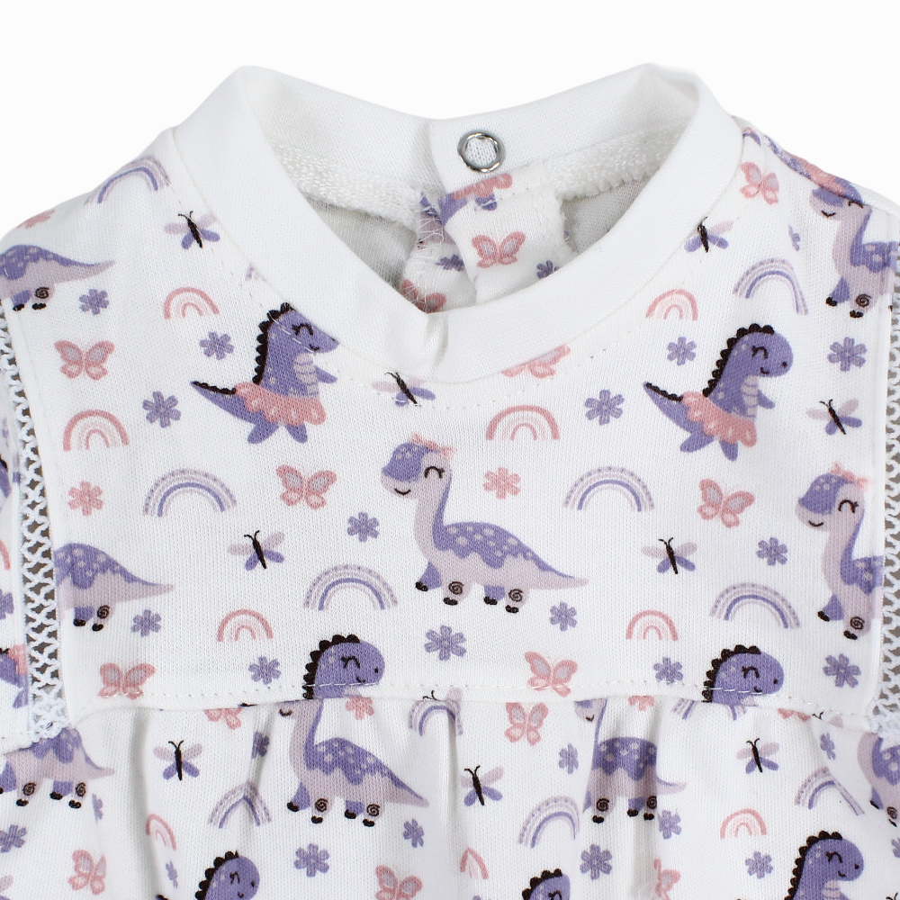 Baby Girls Cotton Baby Footie – Off-White with Dino Print