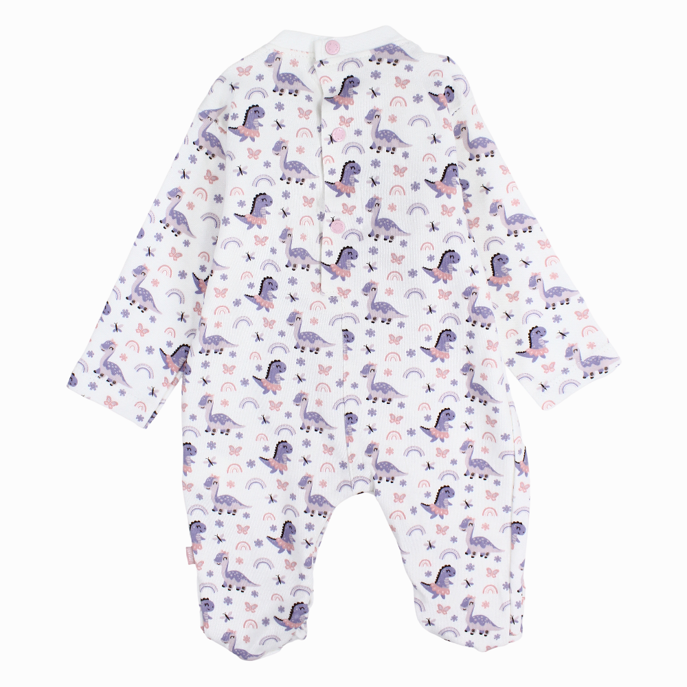 Baby Girls Cotton Baby Footie – Off-White with Dino Print