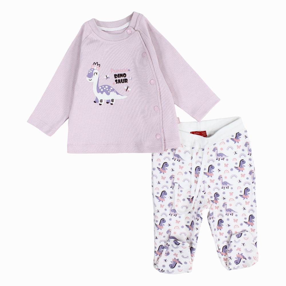 Baby Girls Cotton Pajama Set – Purple with Dino Print