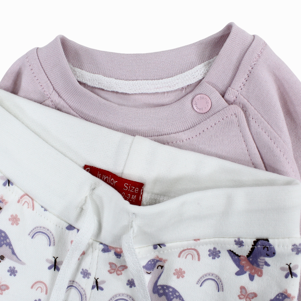 Baby Girls Cotton Pajama Set – Purple with Dino Print