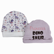 Baby Girls Cotton Beanie - Purple with Dino Print (2Pcs)