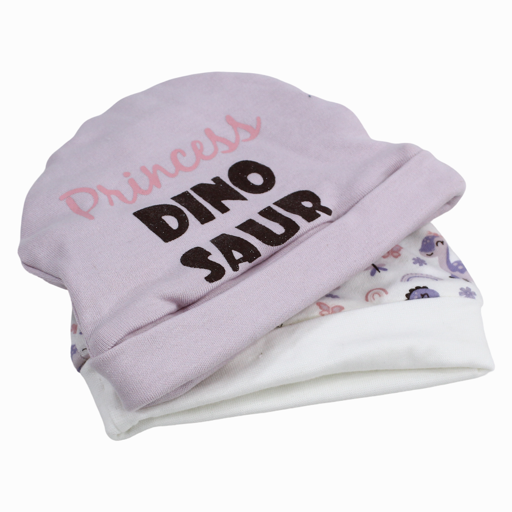 Baby Girls Cotton Beanie - Purple with Dino Print (2Pcs)