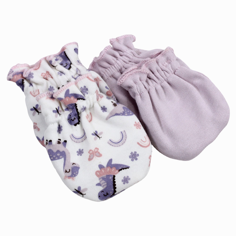 Baby Girls Cotton Hand Mittens - Purple With Dino Print (2Pcs)