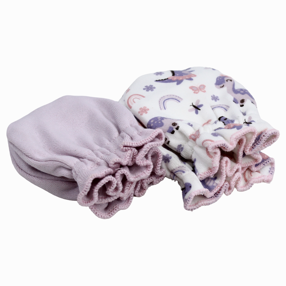 Baby Girls Cotton Hand Mittens - Purple With Dino Print (2Pcs)