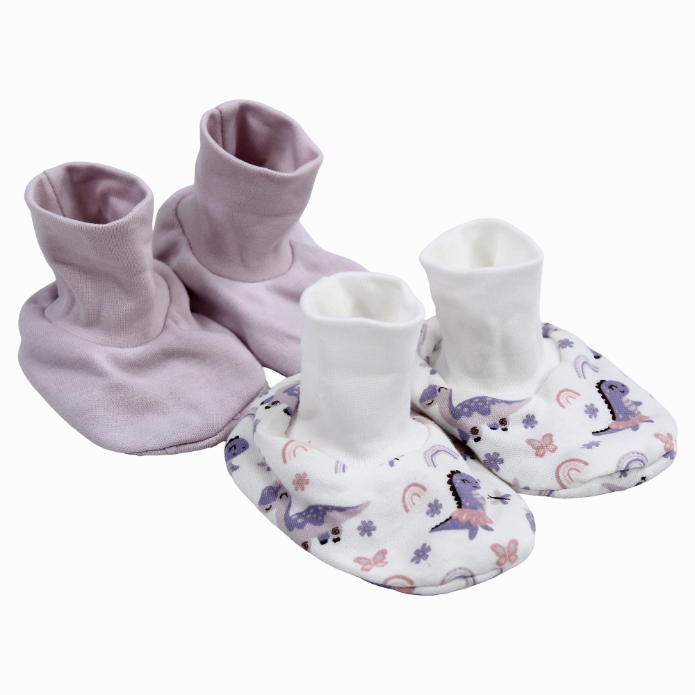Baby Girls Cotton Footies - Purple with Dino Print (2Pcs)