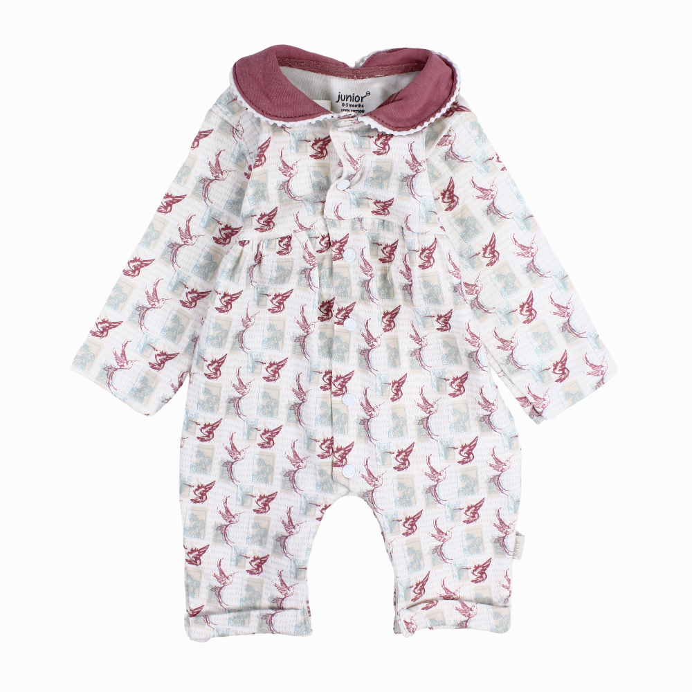 Baby Girls Cotton Footless Onesie  – Off-White with Birds Print