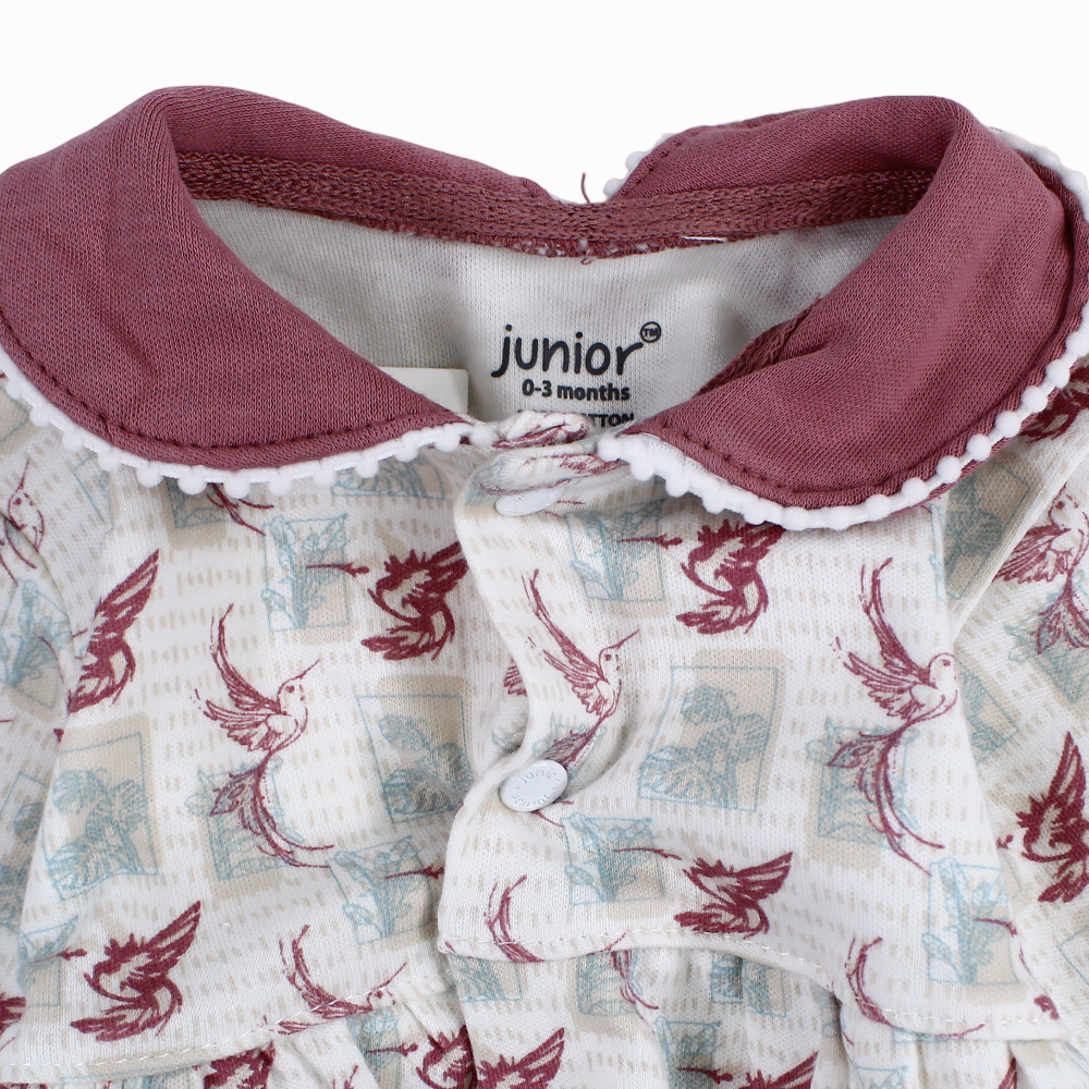 Baby Girls Cotton Footless Onesie  – Off-White with Birds Print