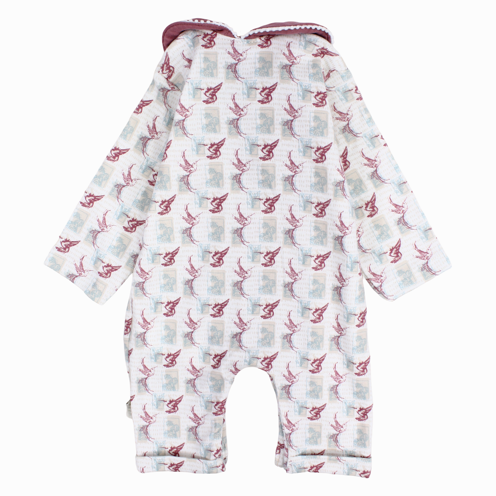 Baby Girls Cotton Footless Onesie  – Off-White with Birds Print