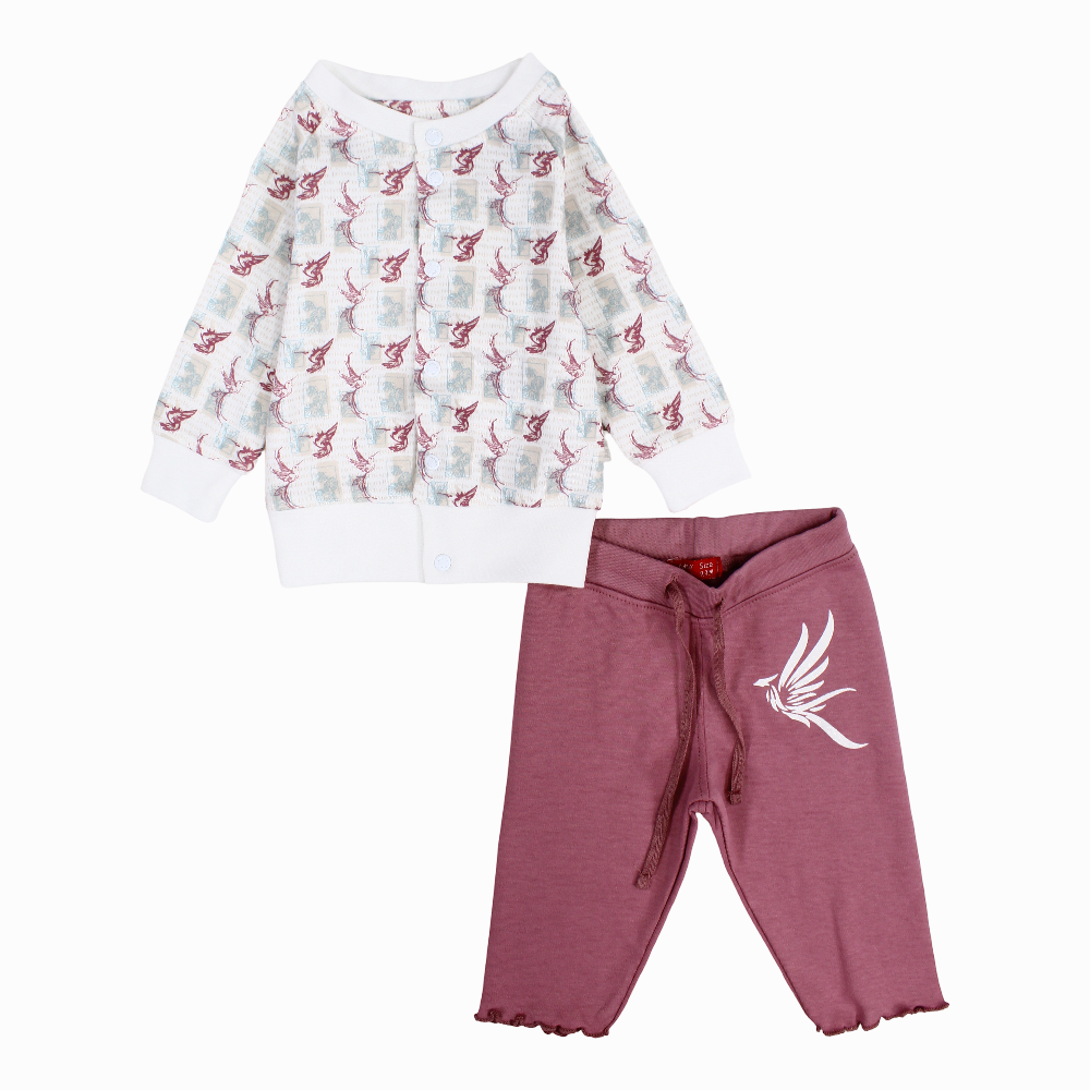 Baby Girls Cotton Pajama Set – Off-White with Birds Print