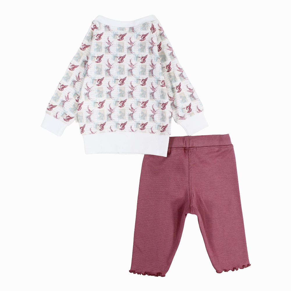 Baby Girls Cotton Pajama Set – Off-White with Birds Print