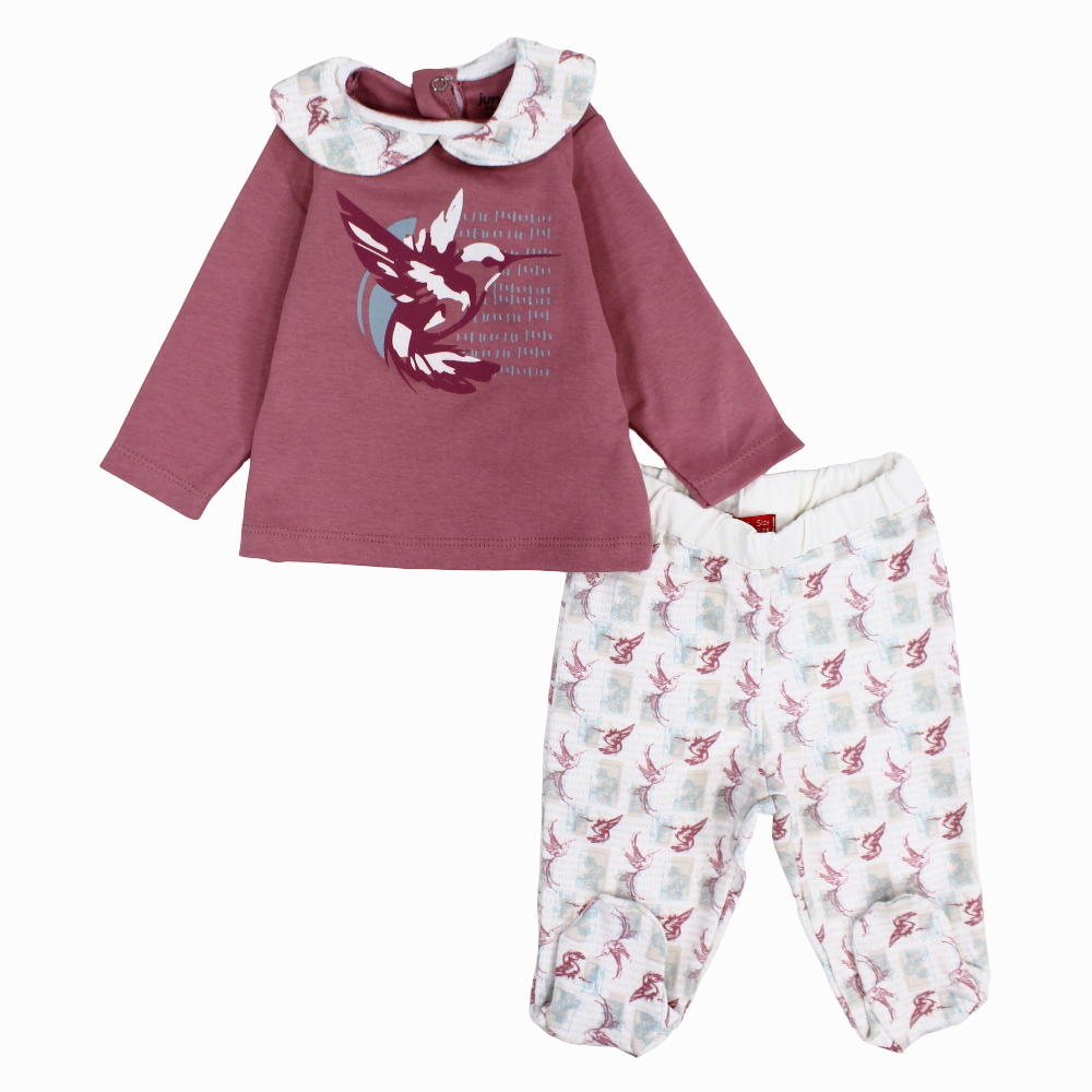 Baby Girls Cotton Pajama Set – Dusty Pink with Birds Print