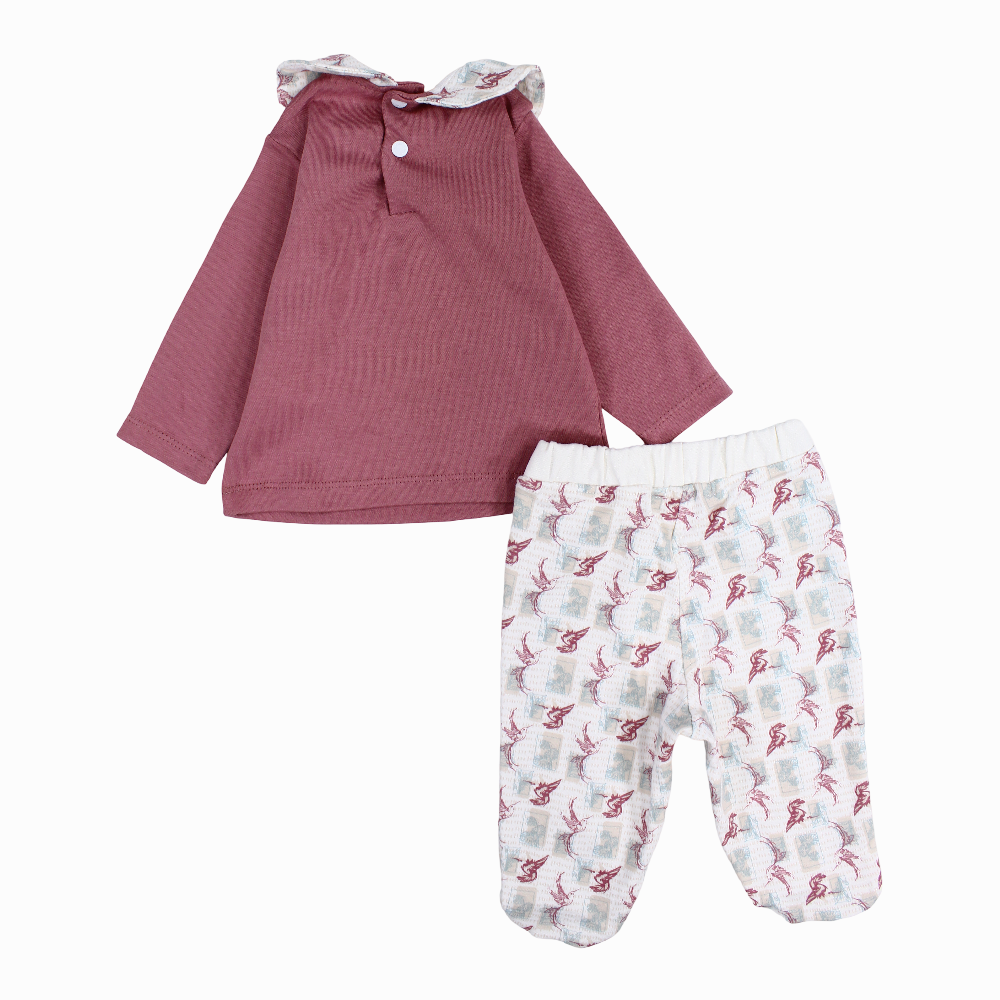 Baby Girls Cotton Pajama Set – Dusty Pink with Birds Print
