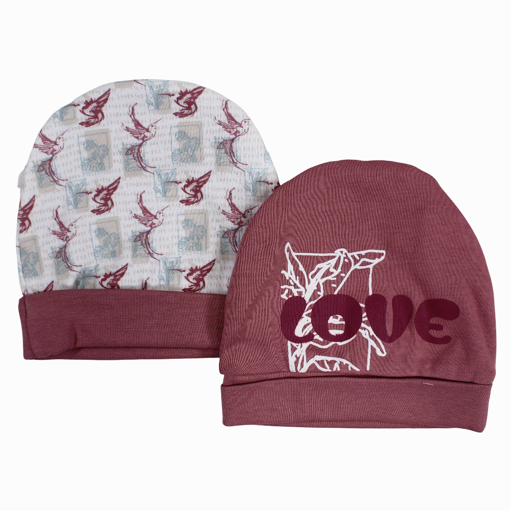 Baby Girls Cotton Beanie - Dusty Pink With Love Birds Print (2Pcs)