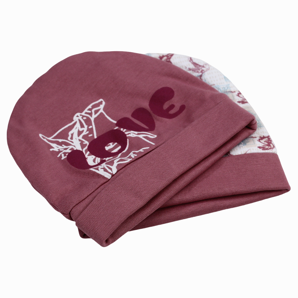 Baby Girls Cotton Beanie - Dusty Pink With Love Birds Print (2Pcs)