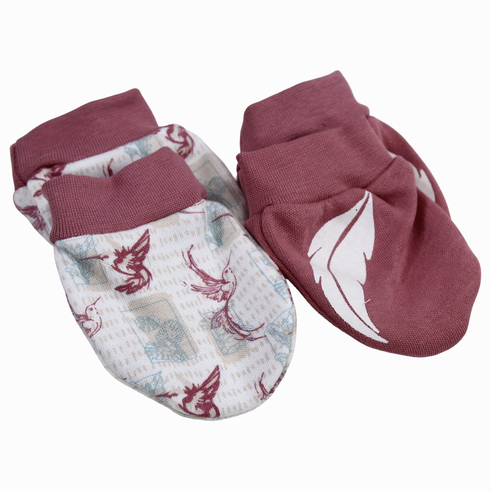 Baby Girls Cotton Hand Mittens - Dusty Pink With Birds Print (2Pcs)