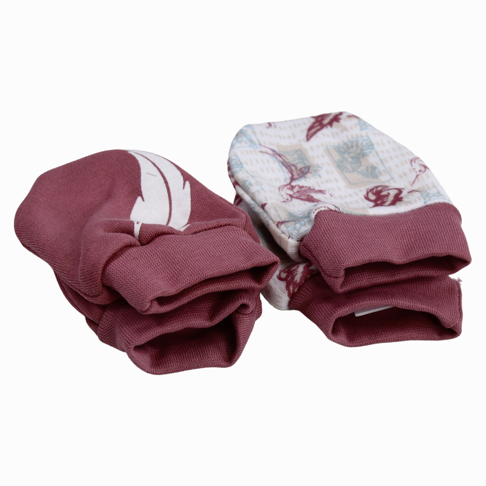 Baby Girls Cotton Hand Mittens - Dusty Pink With Birds Print (2Pcs)