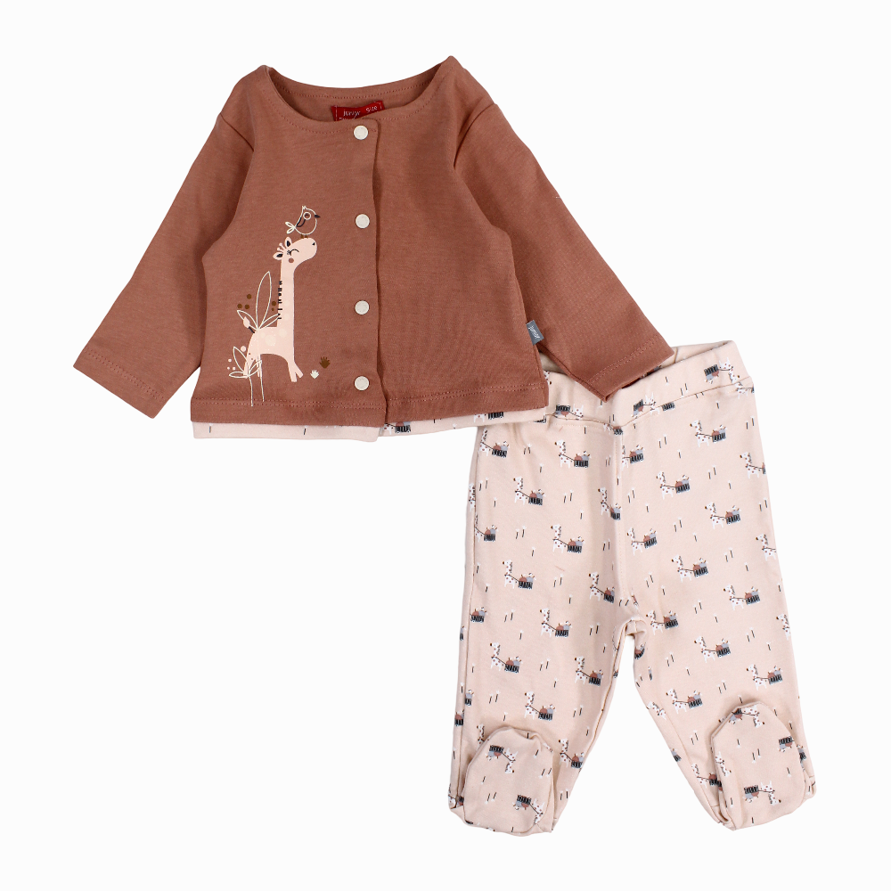 Baby Girls Cotton Pajama Set – Dusty Pink with Giraffe Print