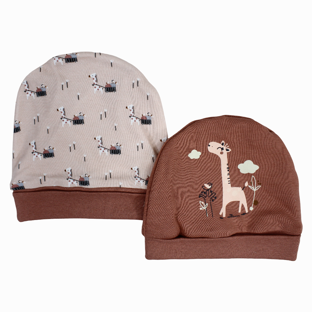 Baby Girls Cotton Beanie - Dusty Pink with Giraffe Print (2Pcs)