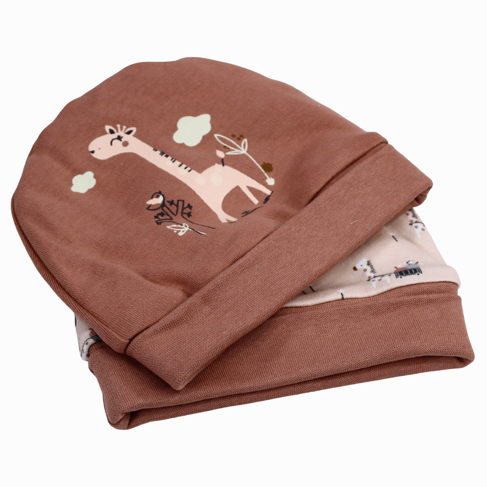Baby Girls Cotton Beanie - Dusty Pink with Giraffe Print (2Pcs)