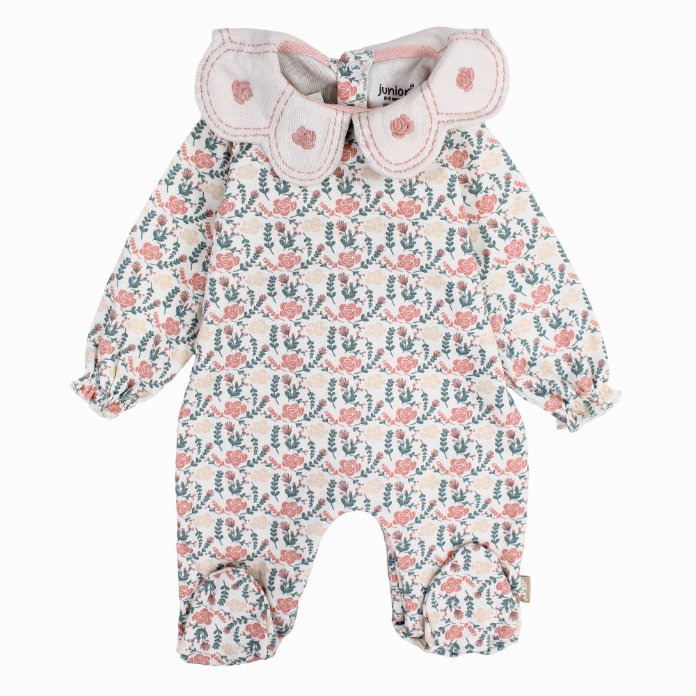 Baby Girls Cotton Baby Footie – Beige with Flowers Print