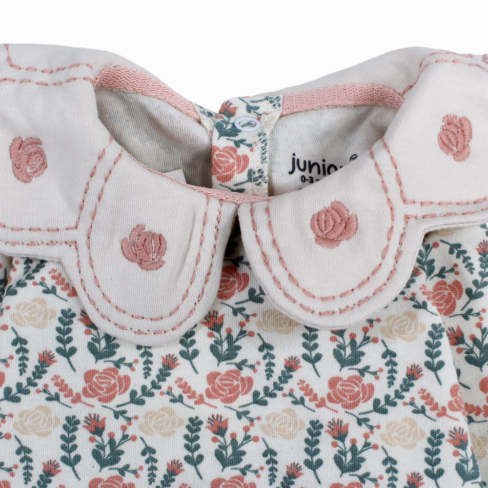 Baby Girls Cotton Baby Footie – Beige with Flowers Print