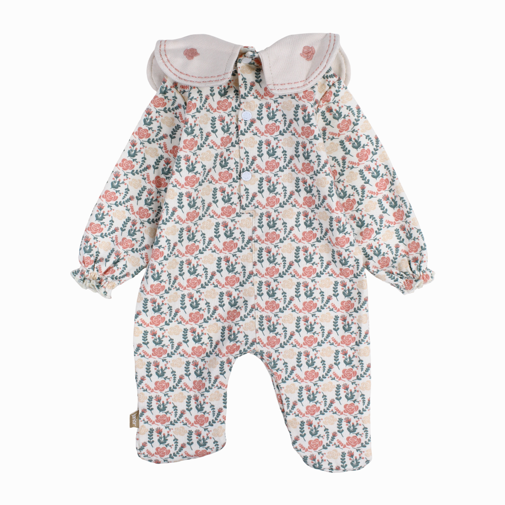 Baby Girls Cotton Baby Footie – Beige with Flowers Print