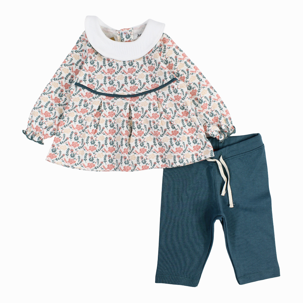 Baby Girls Cotton Pajama Set – Beige with Flowers Print