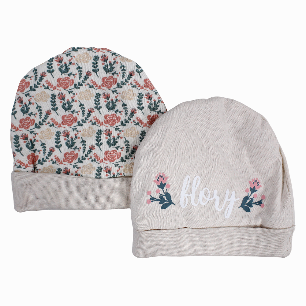 Baby Girls Cotton Beanie - Beige with Flowers Print (2Pcs)