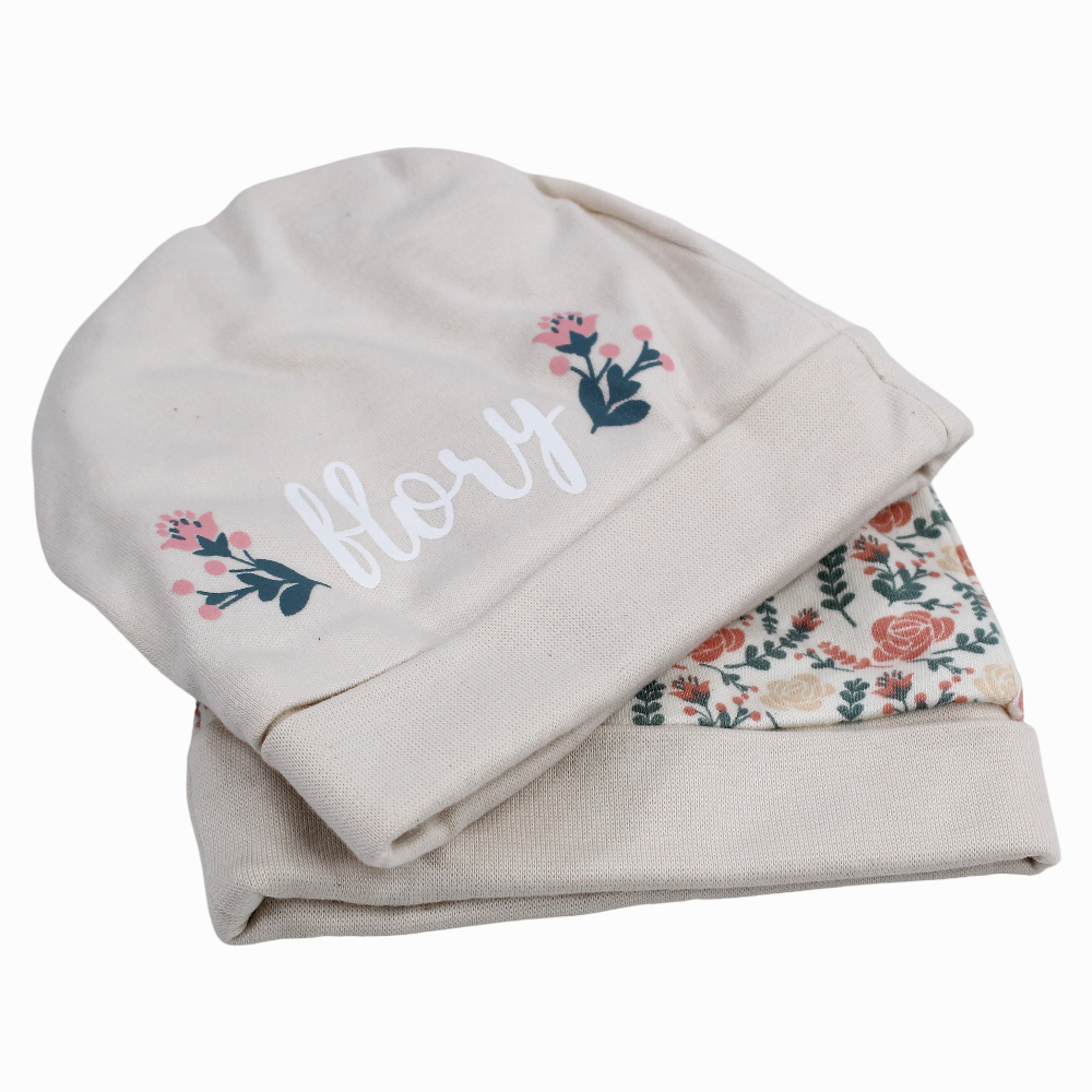 Baby Girls Cotton Beanie - Beige with Flowers Print (2Pcs)