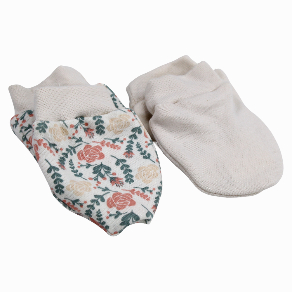 Cotton Baby Girls Hand Mittens Flowers – Beige 2Pcs