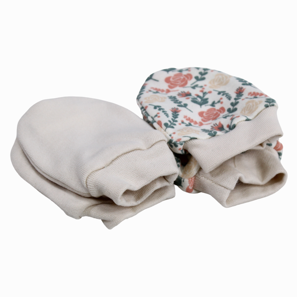 Cotton Baby Girls Hand Mittens Flowers – Beige 2Pcs