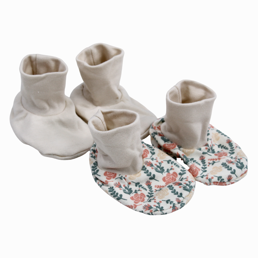 Baby Girls Cotton Footies - Beige with Flowers Print (2Pcs)