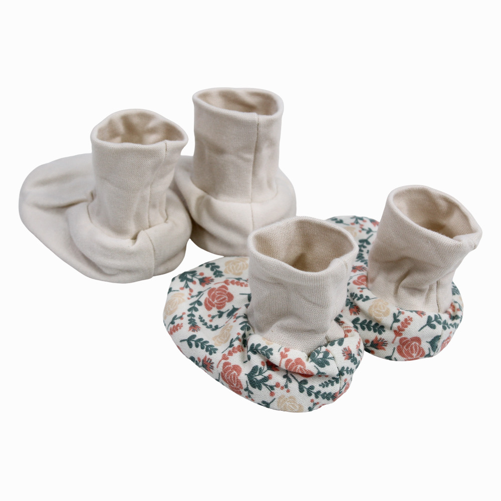 Baby Girls Cotton Footies - Beige with Flowers Print (2Pcs)