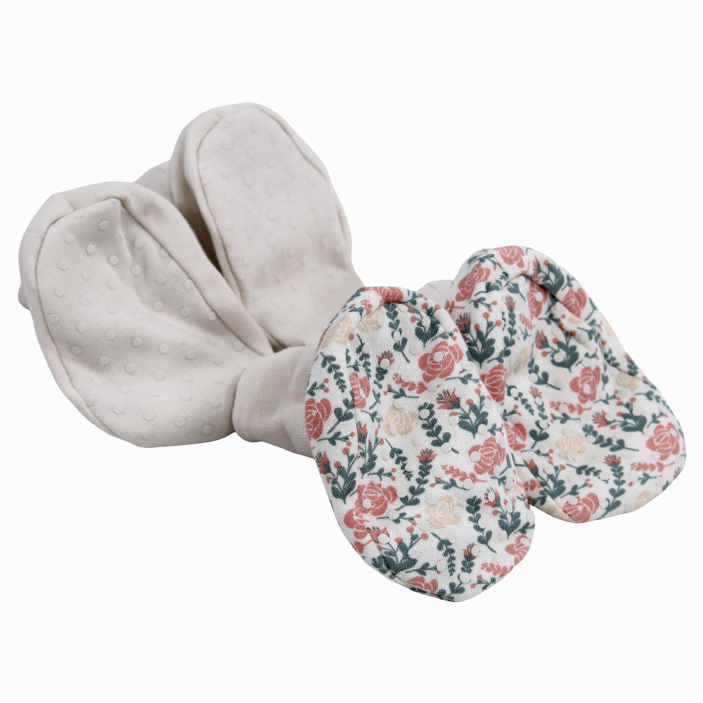 Baby Girls Cotton Footies - Beige with Flowers Print (2Pcs)