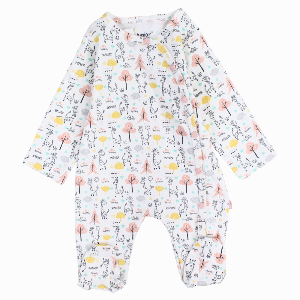 Baby Girls Cotton Baby Footie – Off-White with Giraffe and Trees Print