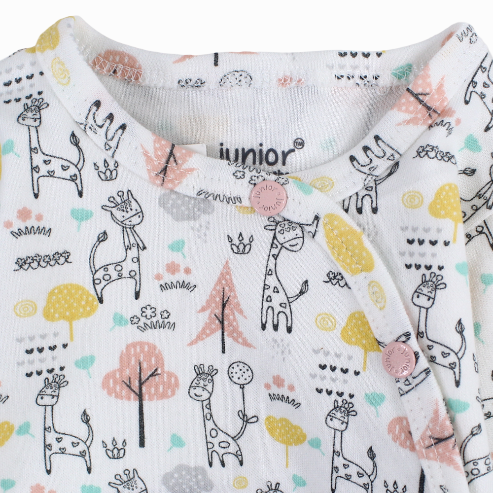 Baby Girls Cotton Baby Footie – Off-White with Giraffe and Trees Print