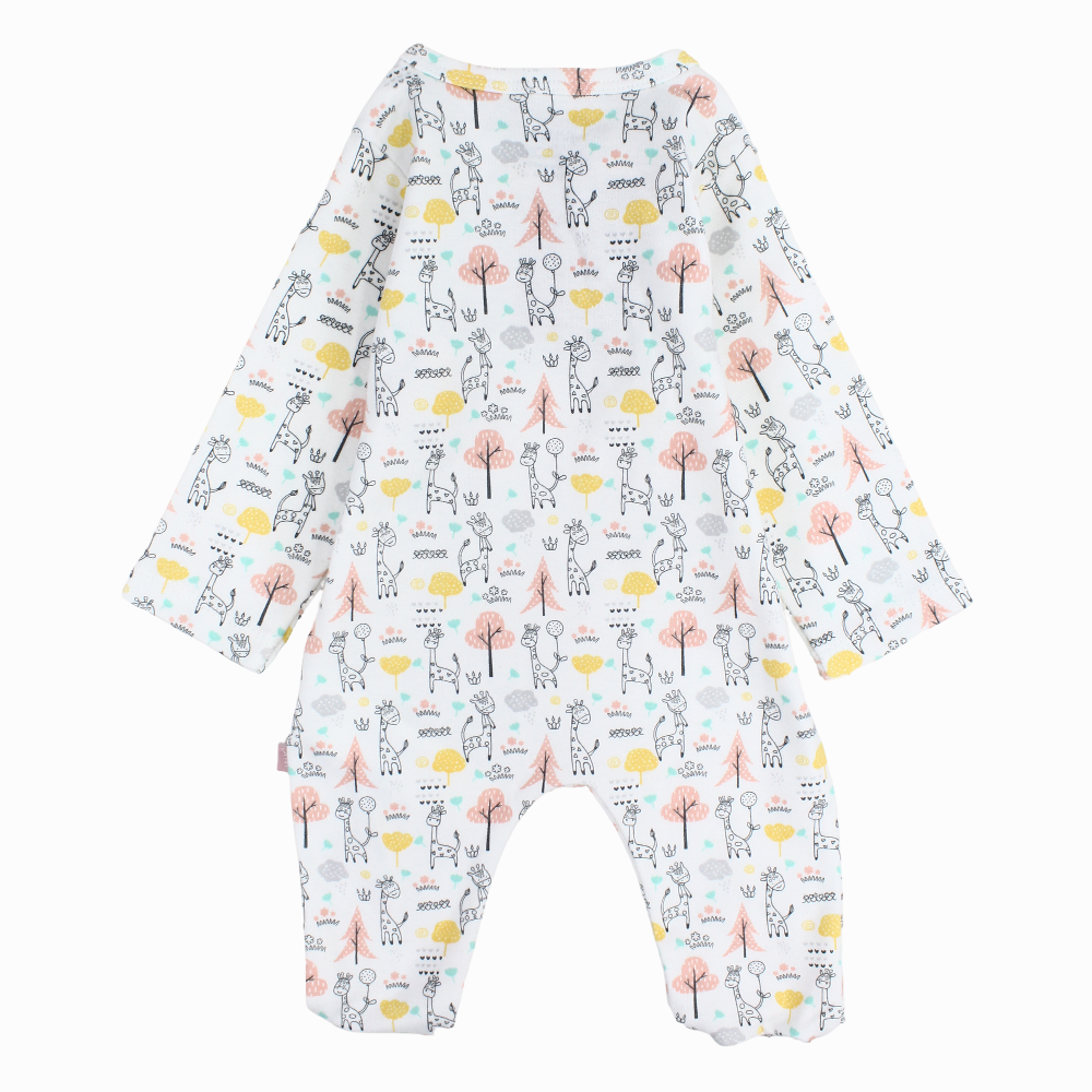 Baby Girls Cotton Baby Footie – Off-White with Giraffe and Trees Print