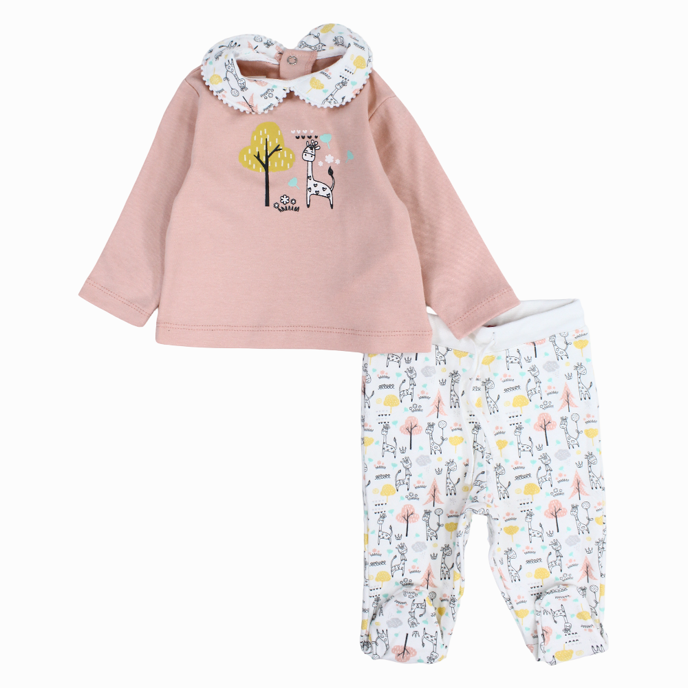 Baby Girls Cotton Pajama Set – Pink with Giraffe and Trees Print