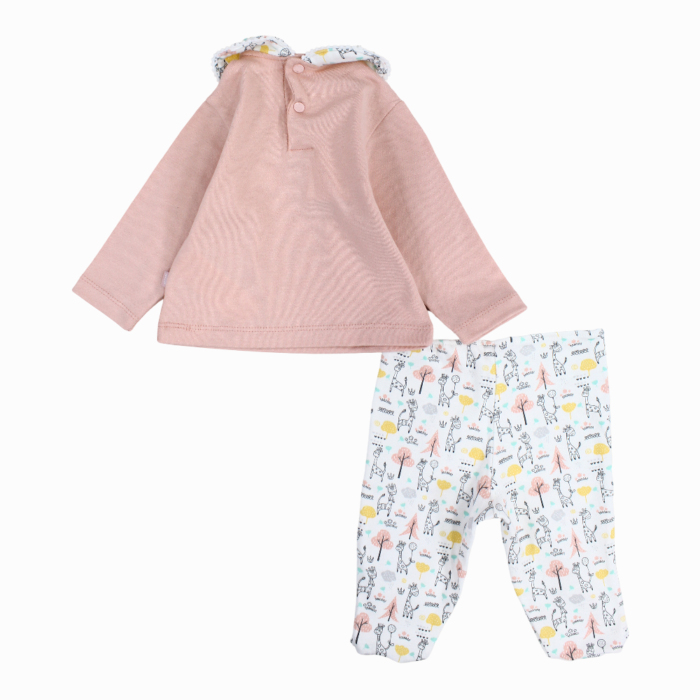 Baby Girls Cotton Pajama Set – Pink with Giraffe and Trees Print