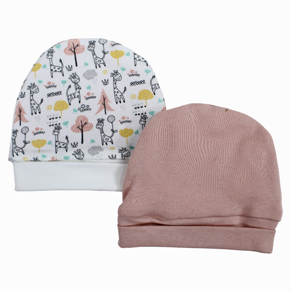 Baby Girls Cotton Beanie - Pink with Giraffe & Trees Print (2Pcs)