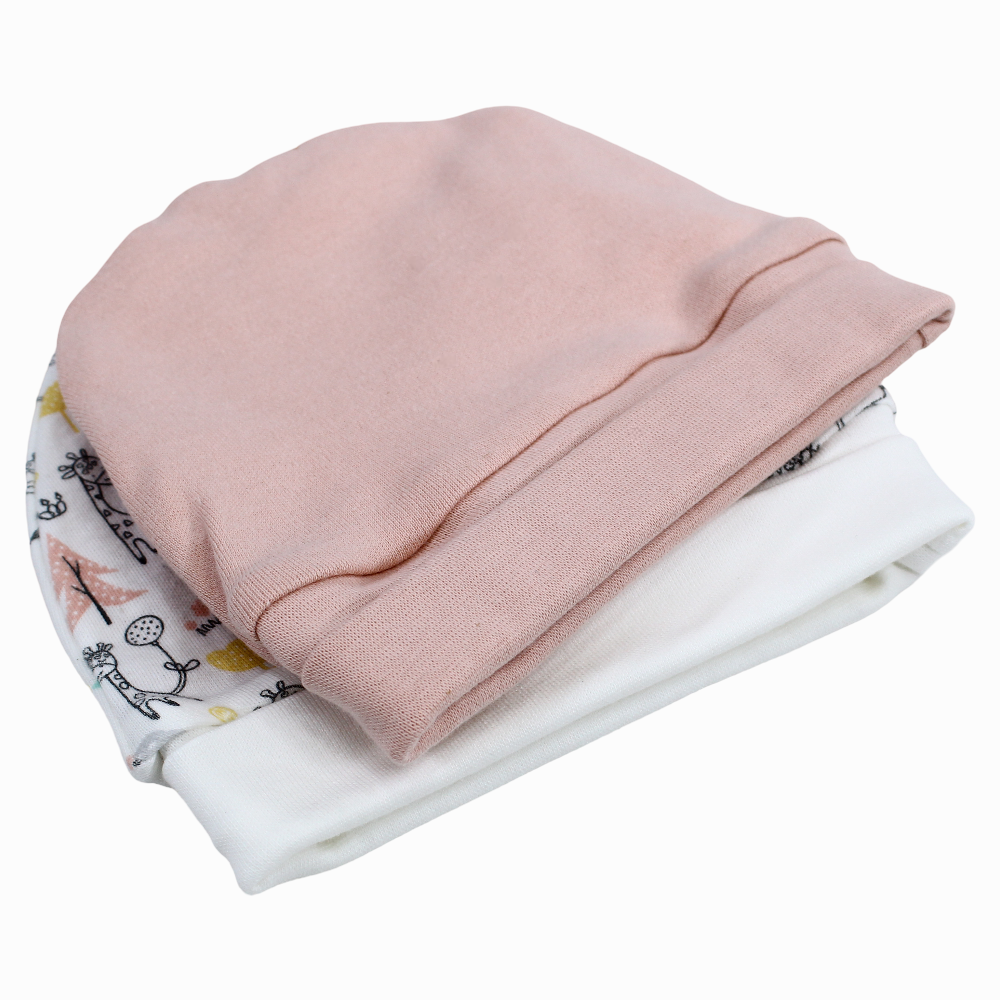 Baby Girls Cotton Beanie - Pink with Giraffe & Trees Print (2Pcs)