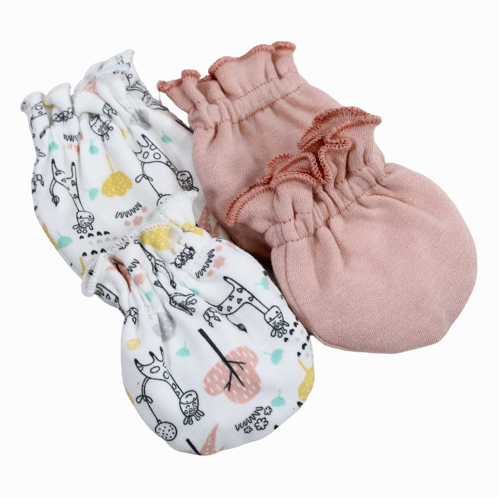 Baby Girls Cotton Hand Mittens - Pink with Cute Print (2Pcs)