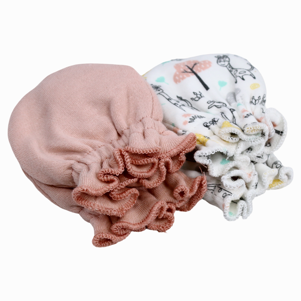 Baby Girls Cotton Hand Mittens - Pink with Cute Print (2Pcs)