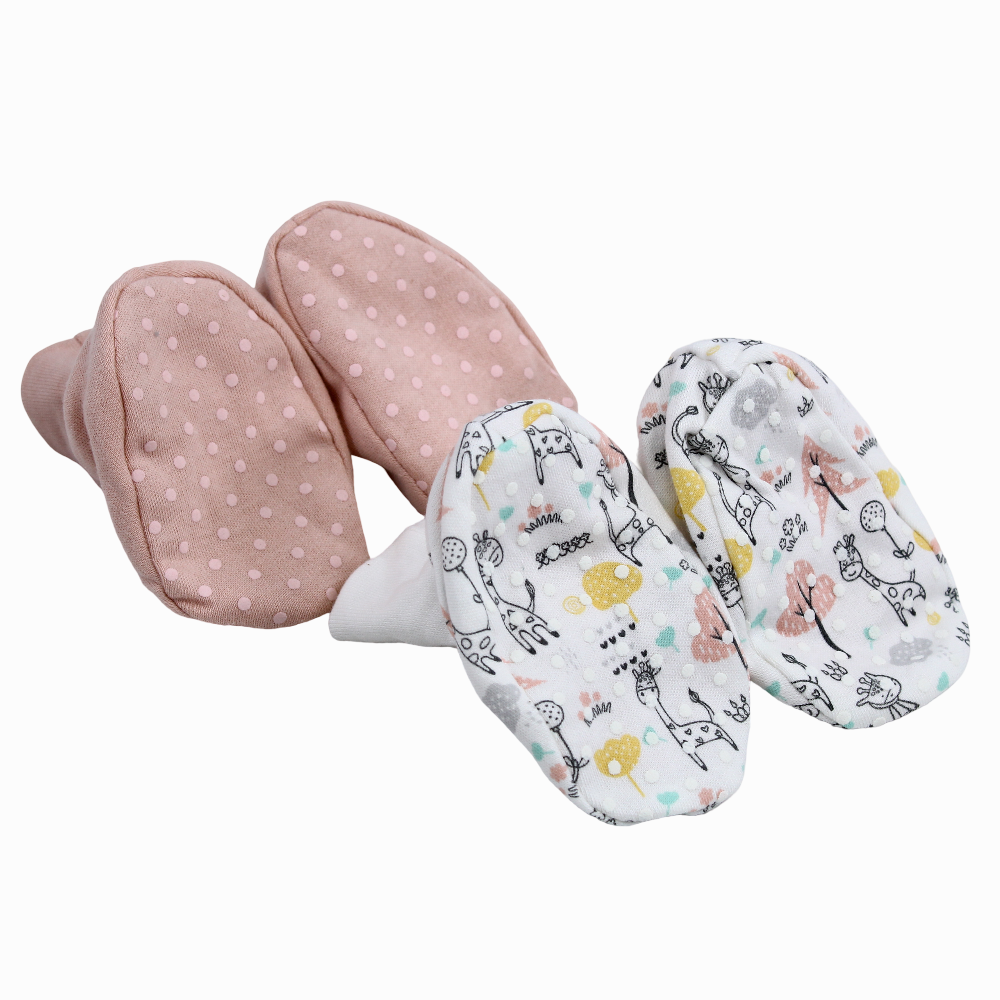 Baby Girls Cotton Footies - Pink with Giraffe & Trees Print (2Pcs)