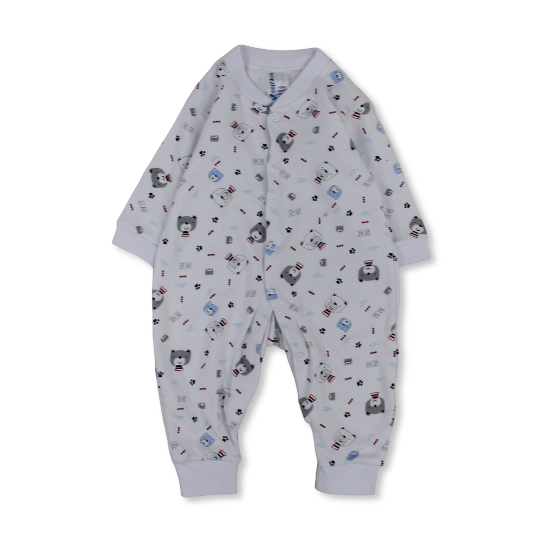 Unisex Baby Cotton Footless Onesie – White with Bears Print