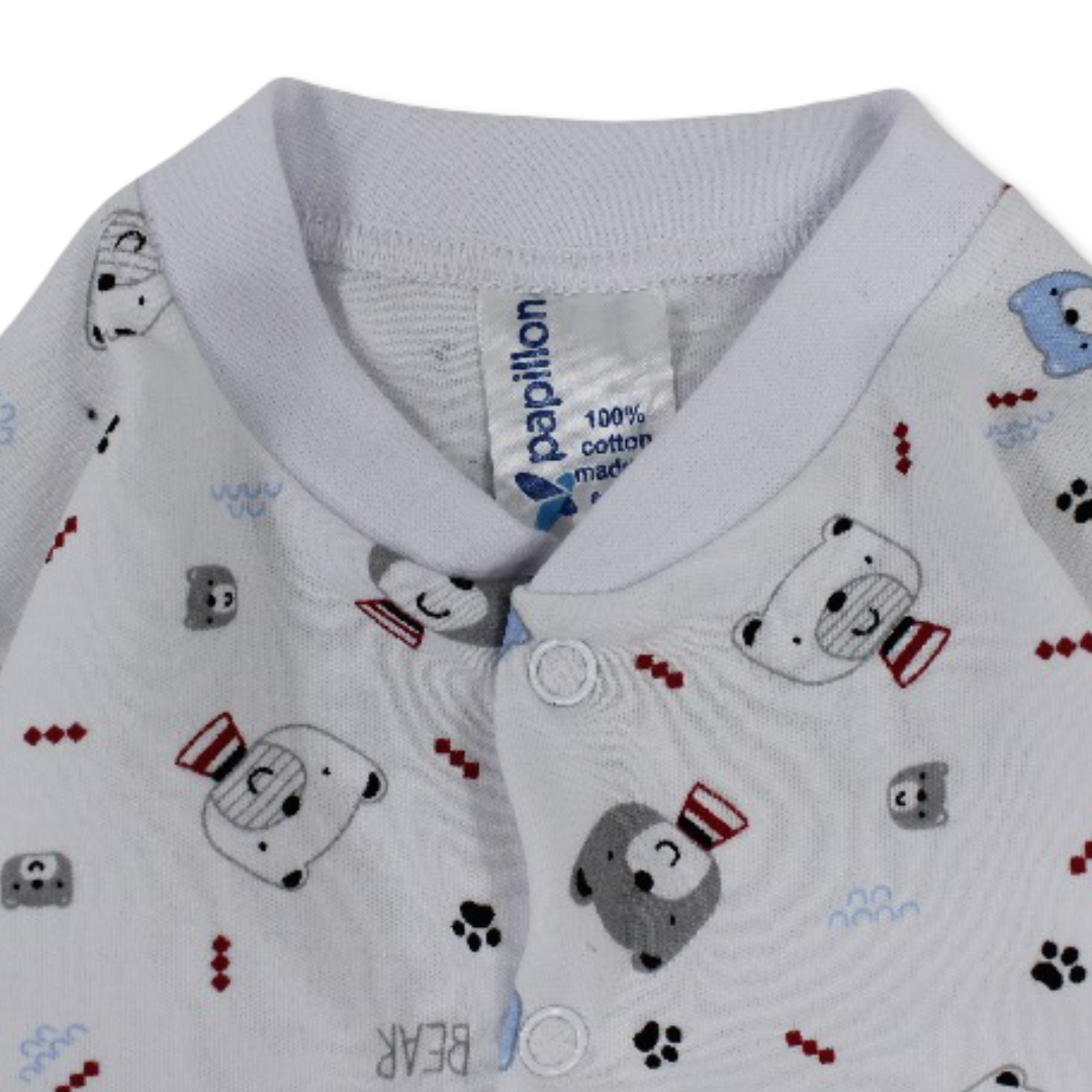Unisex Baby Cotton Footless Onesie – White with Bears Print