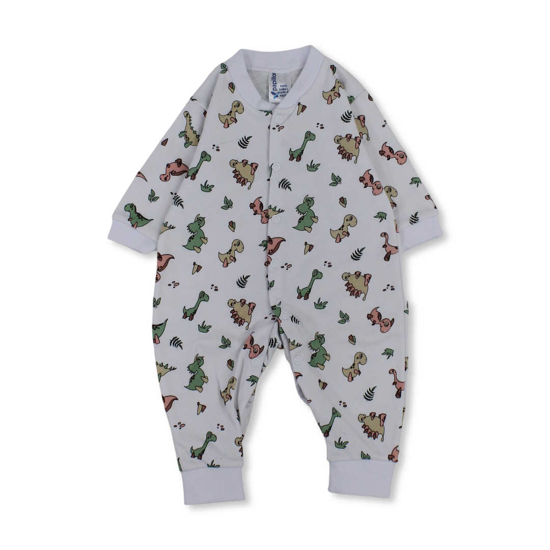 Unisex Baby Cotton Footless Onesie – White with Dino Print