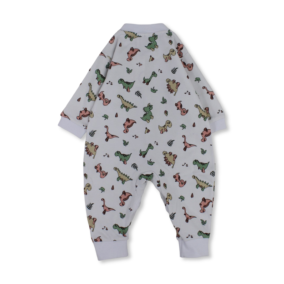 Unisex Baby Cotton Footless Onesie – White with Dino Print
