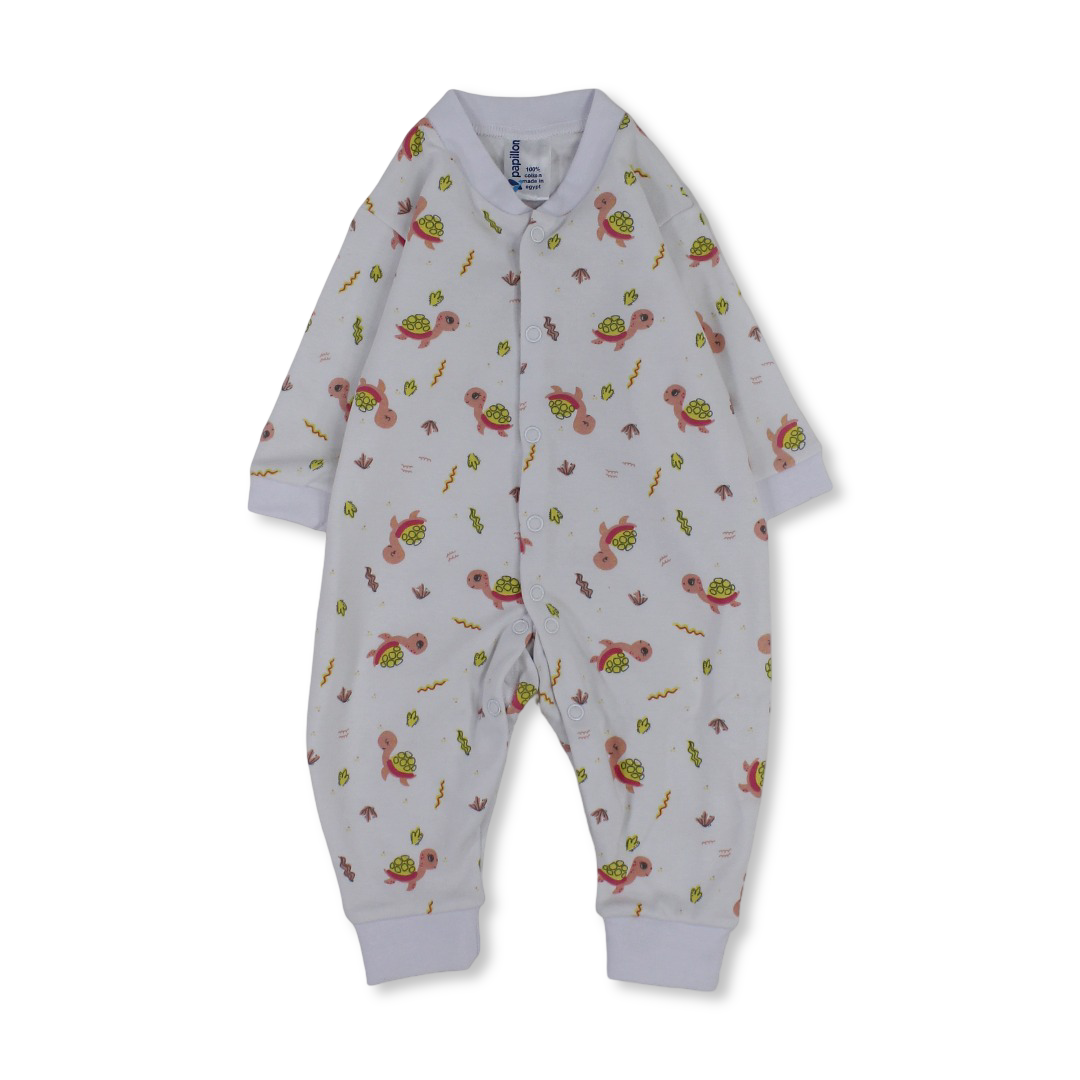 Unisex Baby Cotton Footless Onesie – White with Turtles Print