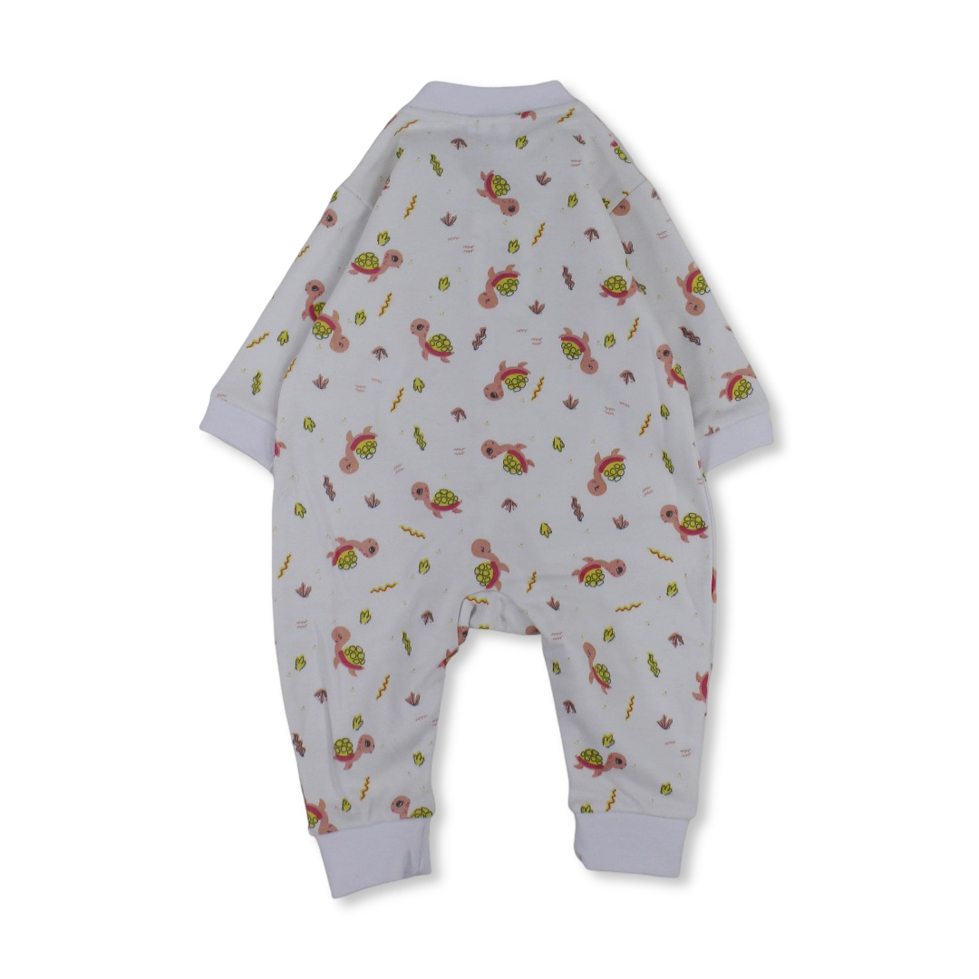 Unisex Baby Cotton Footless Onesie – White with Turtles Print
